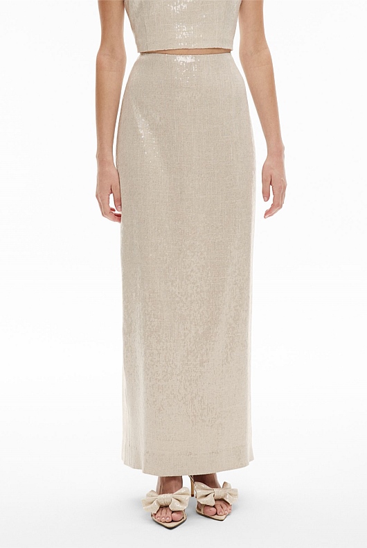 Sequin Linen Column Skirt