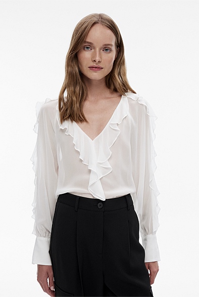 Chalk Ruffle Sleeve Blouse Womens Evening Shirts Witchery