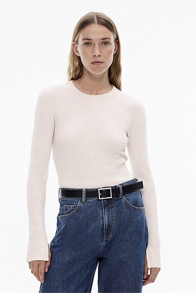 Milk White Wool Blend Crew Rib Knit - Women's Long Sleeve Tops | Witchery