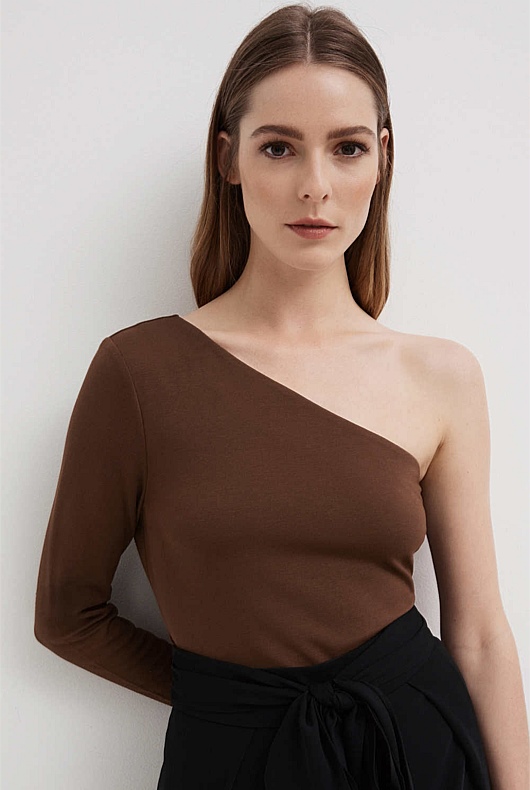 Chocolate One Shoulder Long Sleeve Top - Women's Natural Fibres | Witchery