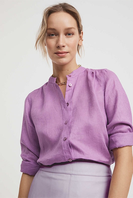 Bright Purple Linen Gatherd Yoke Blouse Women's Long Sleeve Shirts