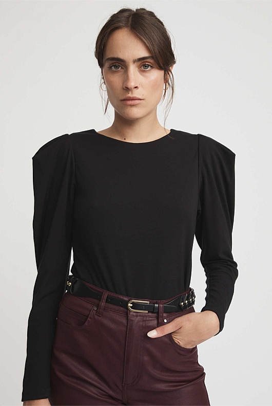 Black Viscose Puff Sleeve Top - Women's Long Sleeve Tops | Witchery