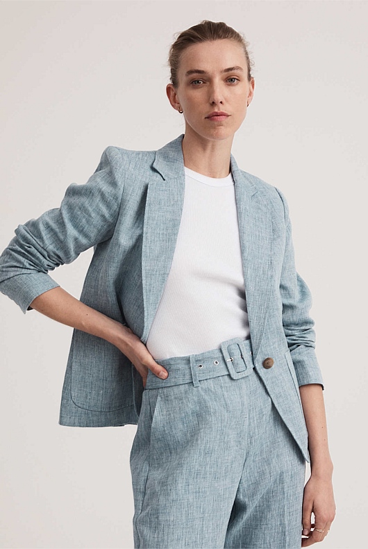 Chambray Blue Yarn Dye Linen Single Breasted Blazer Women's Blazers