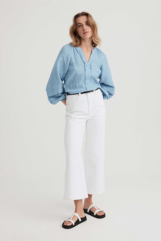 Chambray Blue French Linen Boho Blouse - Women's Linen Shirts | Witchery