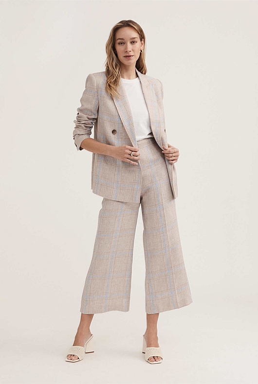 Beige Linen Yarn Dye Check Blazer Women's Blazers Witchery
