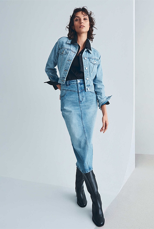 Vintage Wash Denim Yoke Front Longline Denim Skirt Women's Denim