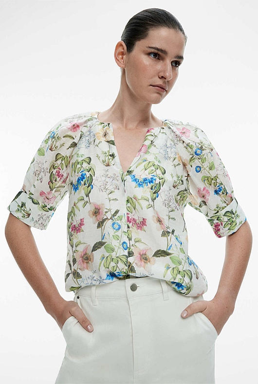 Porcelain Botanical Cuff Blouse - Women's Evening Shirts | Witchery