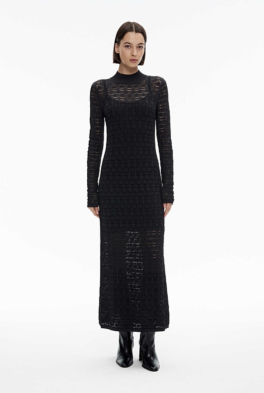 Black Lace Stitch Knit Dress Women's Black Dresses Witchery