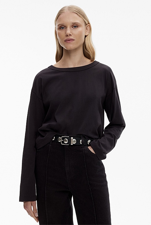 Black Cotton Drop Shoulder Top - Women's Workwear Tops | Witchery