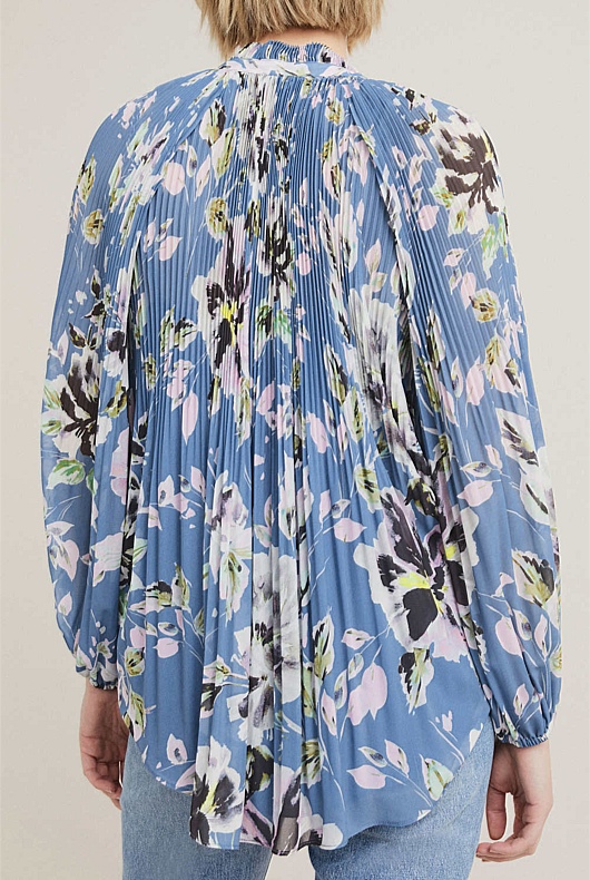 Sapphire Pleat Print Georgette Blouse - Women's Long Sleeve Tops | Witchery