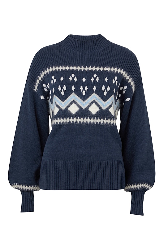 Regatta Blue High Neck Fairisle Knit - Women's Sweaters | Witchery