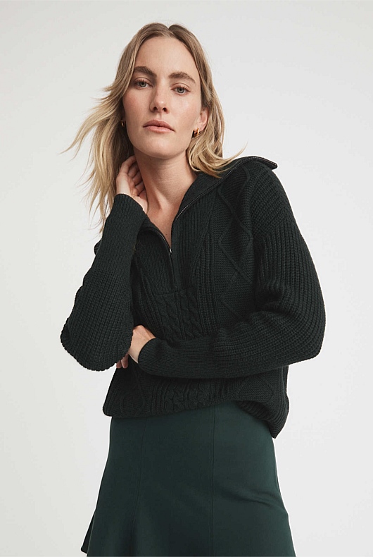 Bottle Green Zip Front Knit - Women's Sweaters | Witchery