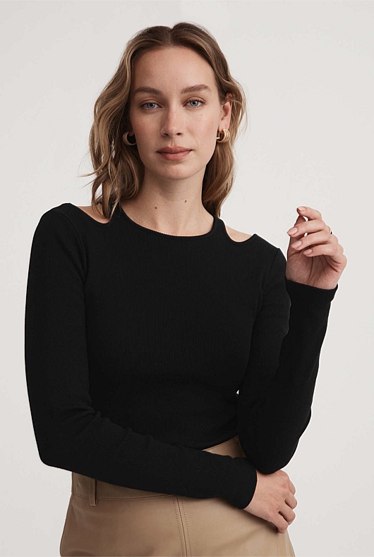 Black Cotton Rib Cut Out Long Sleeve Top - Women's Workwear Tops | Witchery