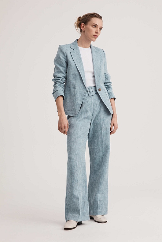 Chambray Blue Yarn Dye Linen Single Breasted Blazer Women's Blazers