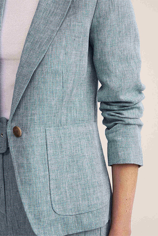 Chambray Blue Yarn Dye Linen Single Breasted Blazer Women's Blazers