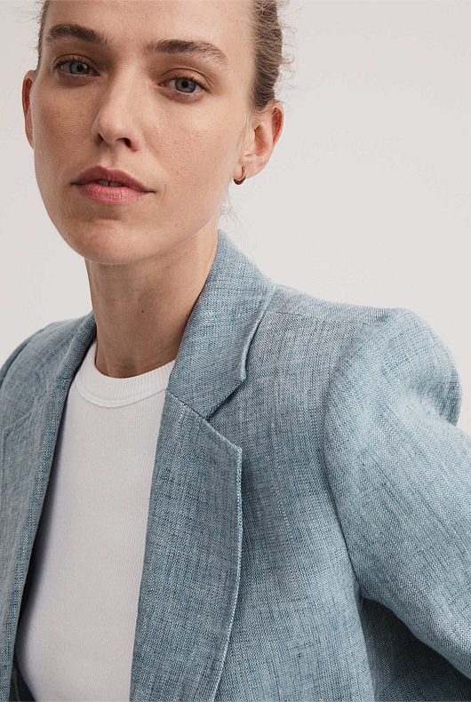 Chambray Blue Yarn Dye Linen Single Breasted Blazer Women's Blazers Witchery