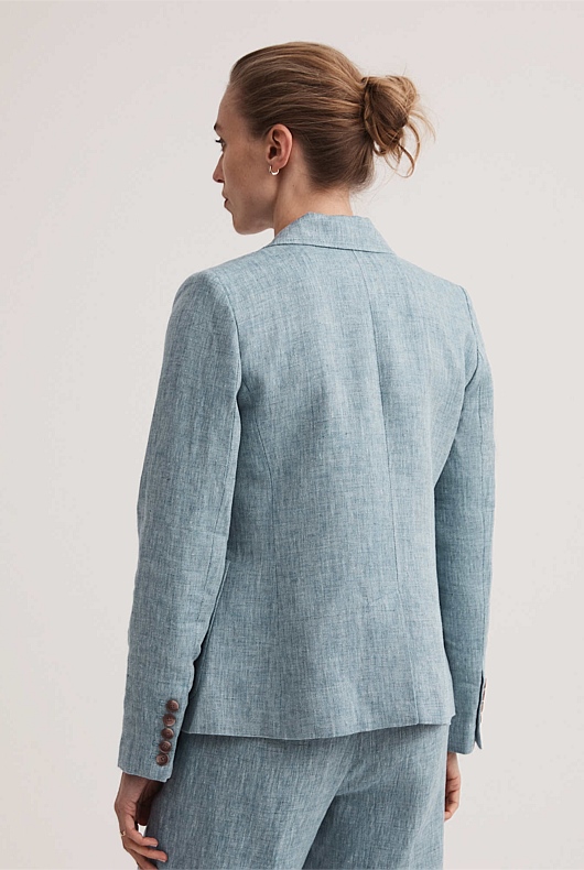 Chambray Blue Yarn Dye Linen Single Breasted Blazer Women's Blazers