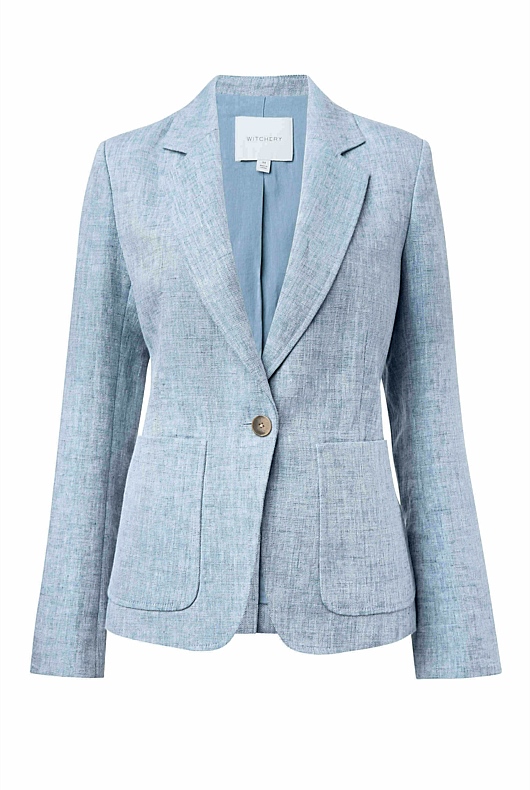 Chambray Blue Yarn Dye Linen Single Breasted Blazer Women's Blazers