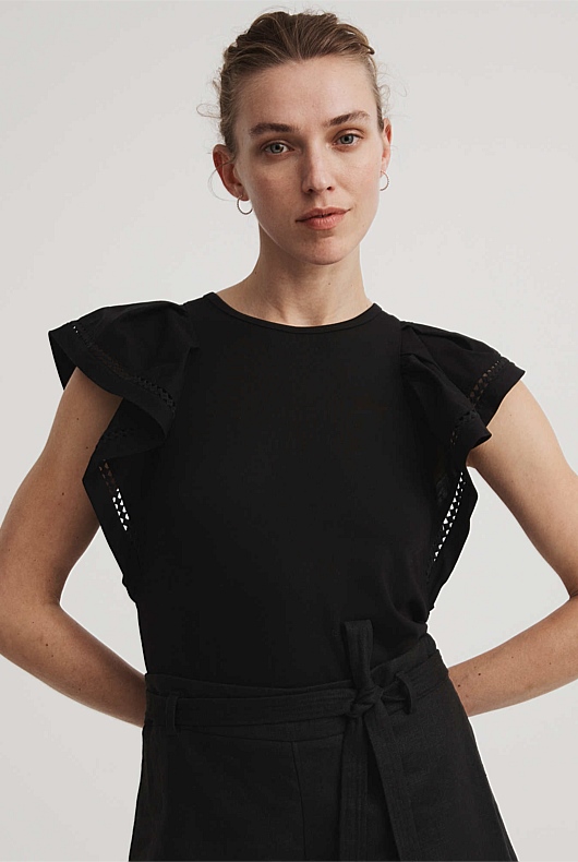 Black Trim Flutter Sleeve Top - Women's Short Sleeve Tops | Witchery
