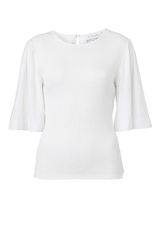 Pure White Cotton Shirred Bell Sleeve Top - Women's Short Sleeve Tops ...