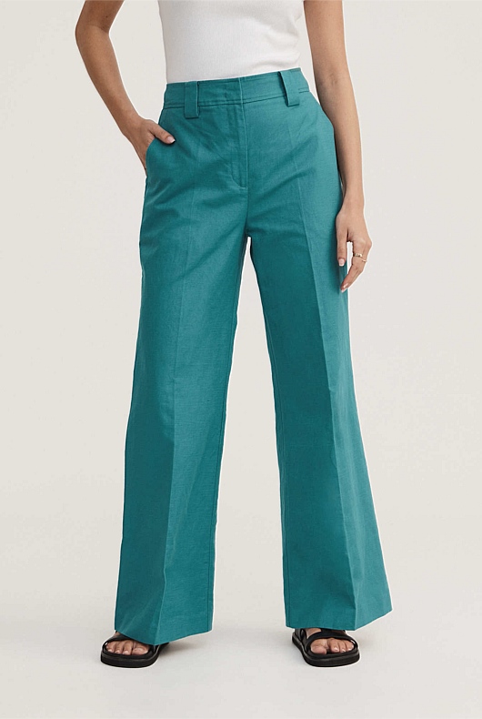 Gem Green Cotton Linen Wide Leg - Women's Cotton Pants | Witchery