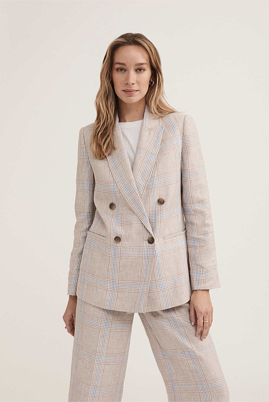 Beige Linen Yarn Dye Check Blazer Women's Blazers Witchery