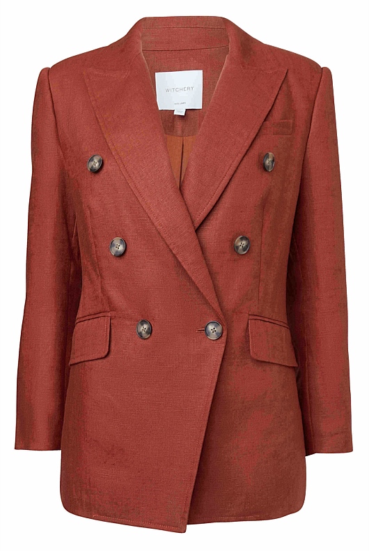 Linen Blend Blazer - Dark Red
