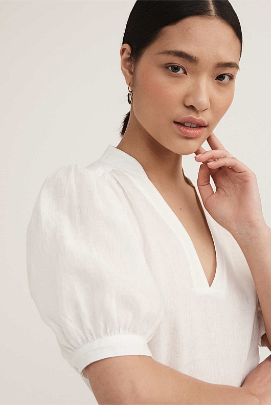 Pistache Linen V Neck Short Sleeve Blouse- White main image 1