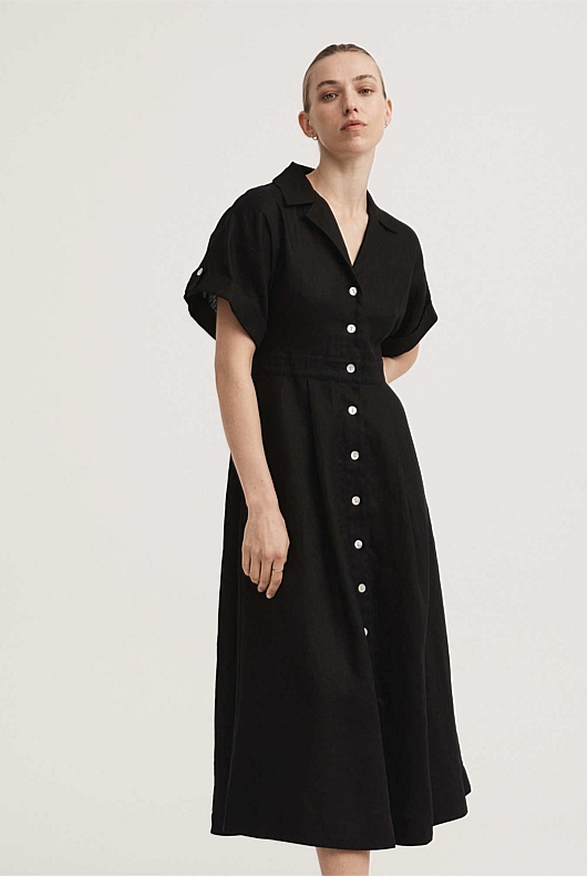 Black Linen Tab Sleeve Shirt Dress Women's A Line Dresses Witchery