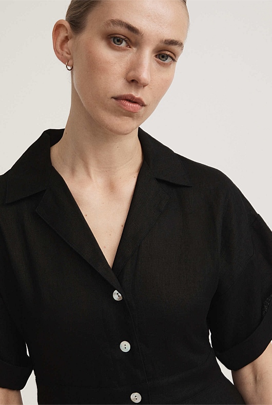 Black Linen Tab Sleeve Shirt Dress Women's A Line Dresses Witchery