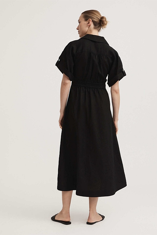 Black Linen Tab Sleeve Shirt Dress Women's A Line Dresses Witchery