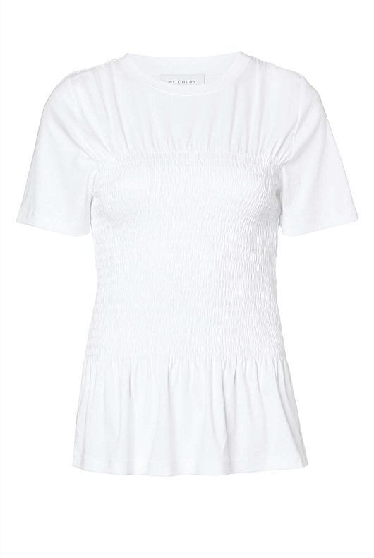 Pure White Cotton Shirred Bodice Tee - Women's Short Sleeve Tops | Witchery