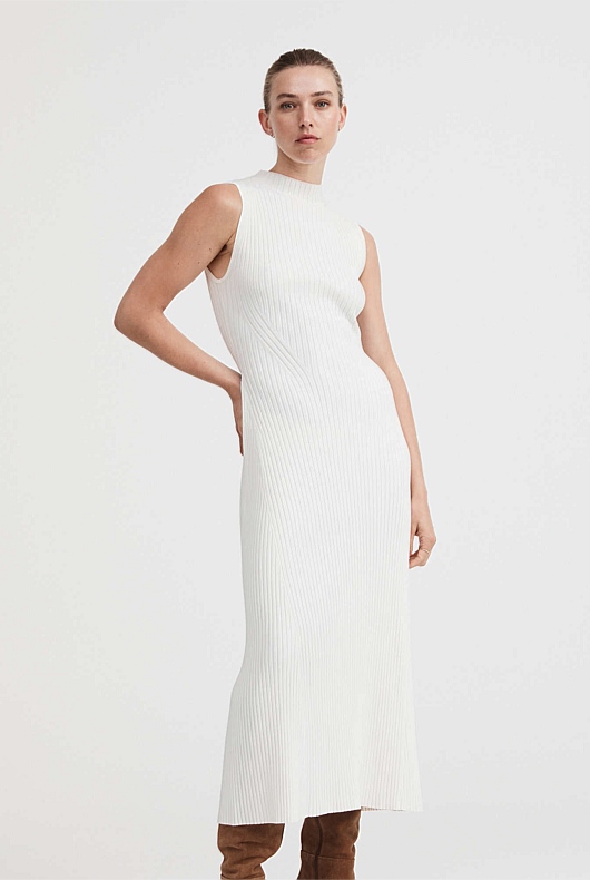 Chalk Knit Rib Mock Neck Dress - Women's A Line Dresses | Witchery