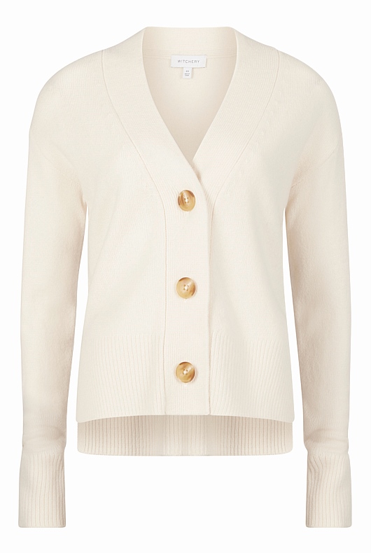 Cream Wool Blend V Neck Cardigan