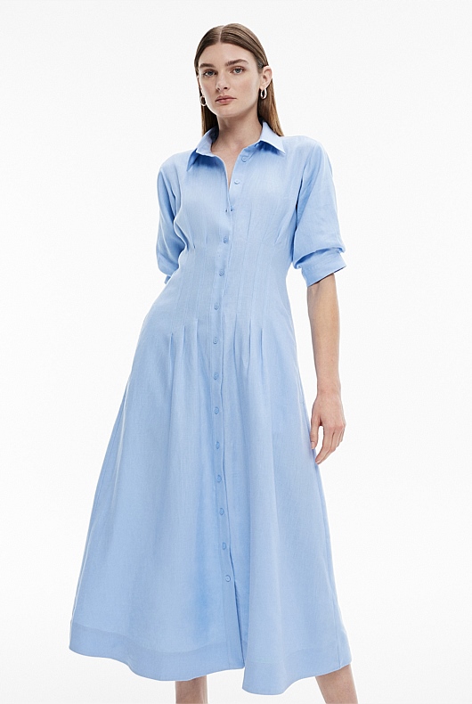 Pastel Blue French Linen Dart Midi Dress - Women's A Line Dresses ...