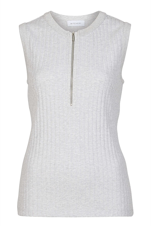 Light Grey Marle Cotton Rib Zip Tank - Women's Sleeveless Tops | Witchery