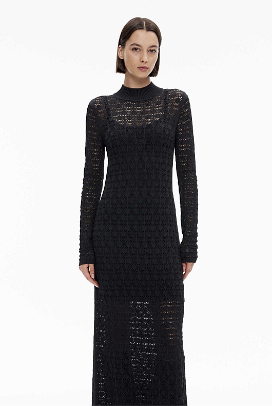 Black Lace Stitch Knit Dress - Women's Black Dresses | Witchery image.