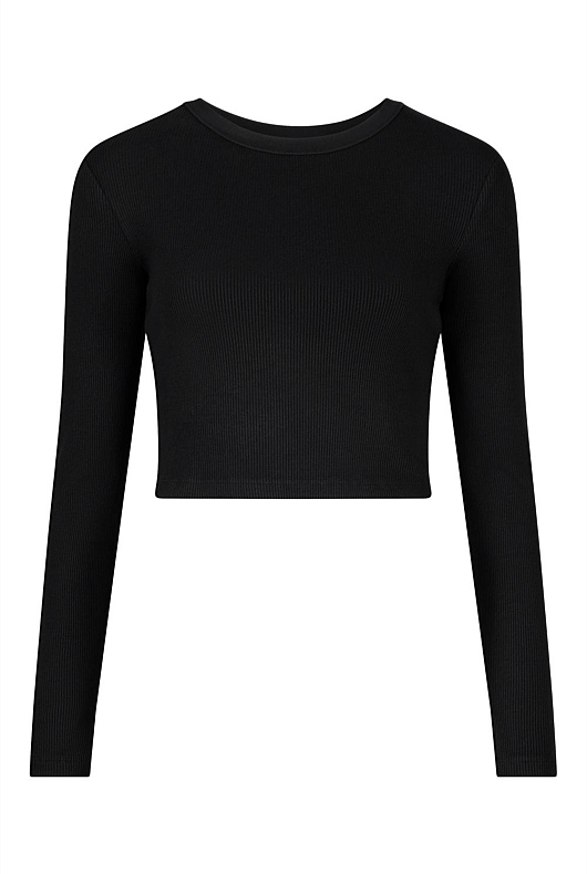 Black Crop Crew Rib Top - Women's Long Sleeve Tops | Witchery