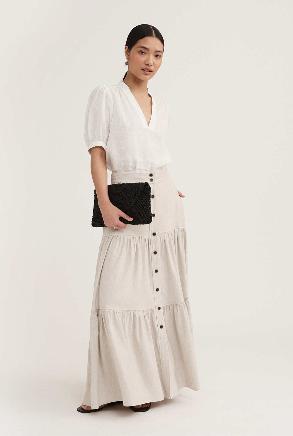 Stretch Linen Viscose Tiered Maxi Skirt