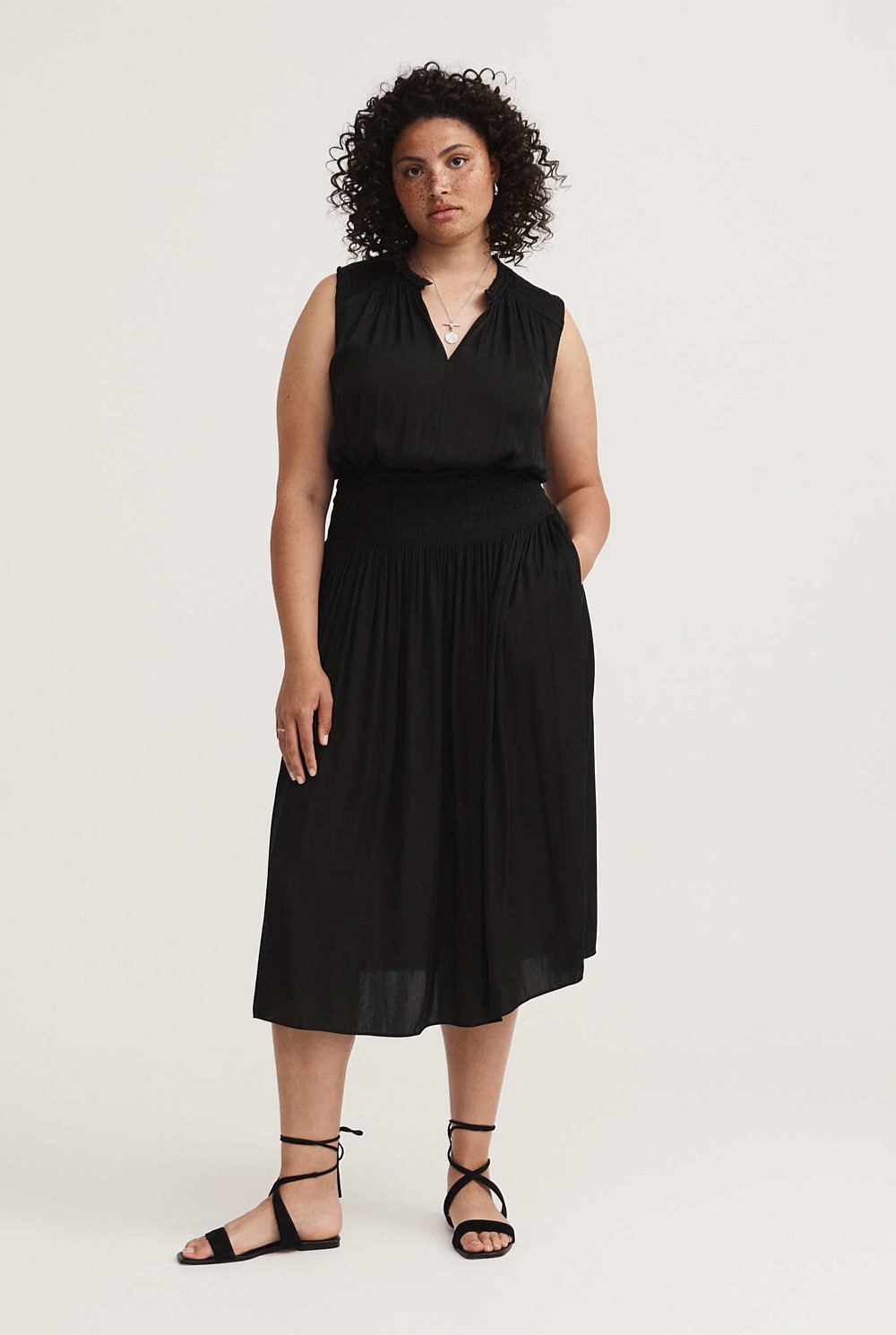 Shirred Waist Midi Dress