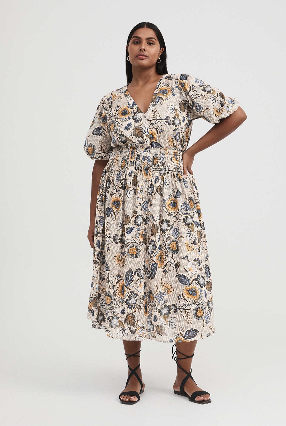 Vine Floral Print Shirred Dress