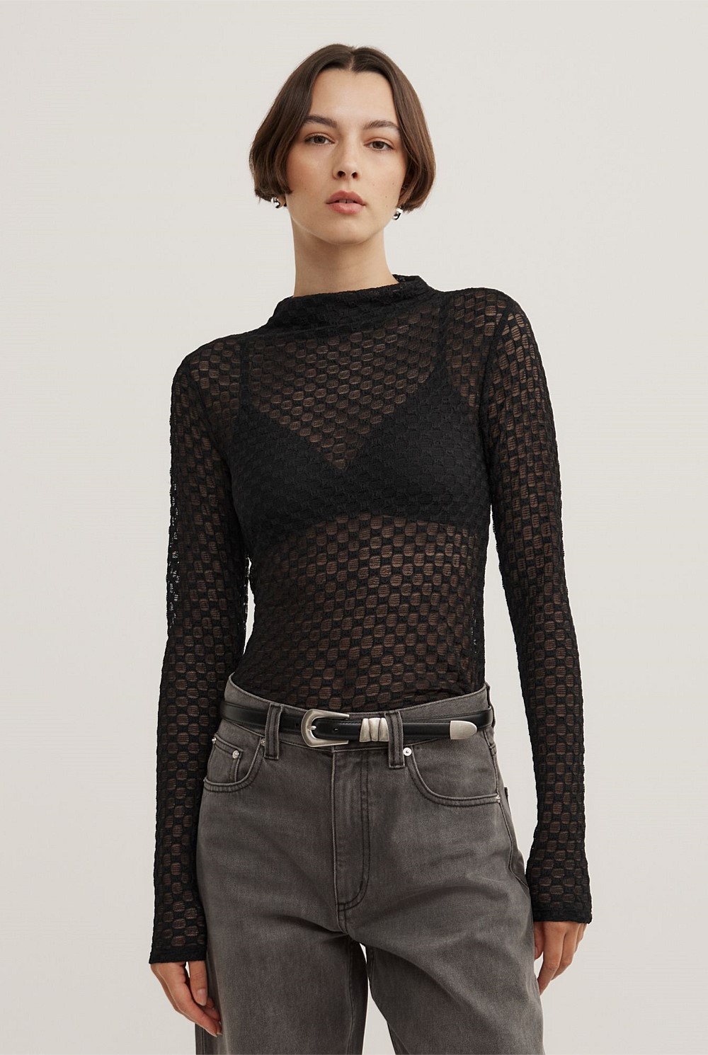 Textured Mesh Long Sleeve Top