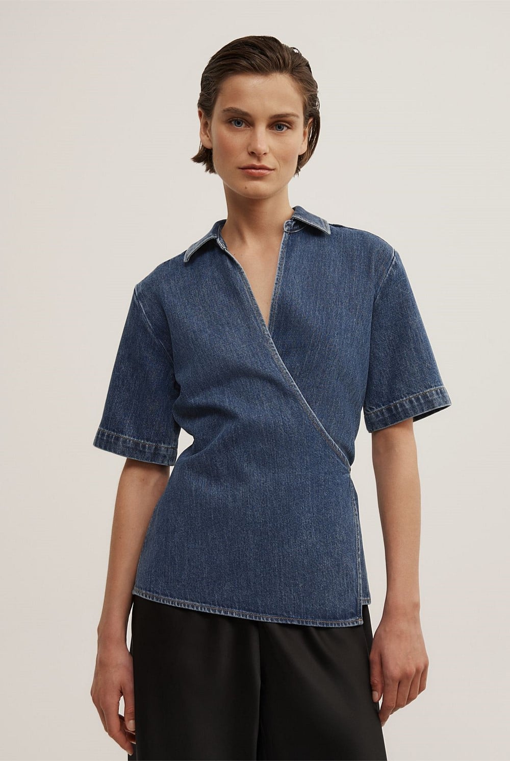 Wrap Denim Short Sleeve Shirt