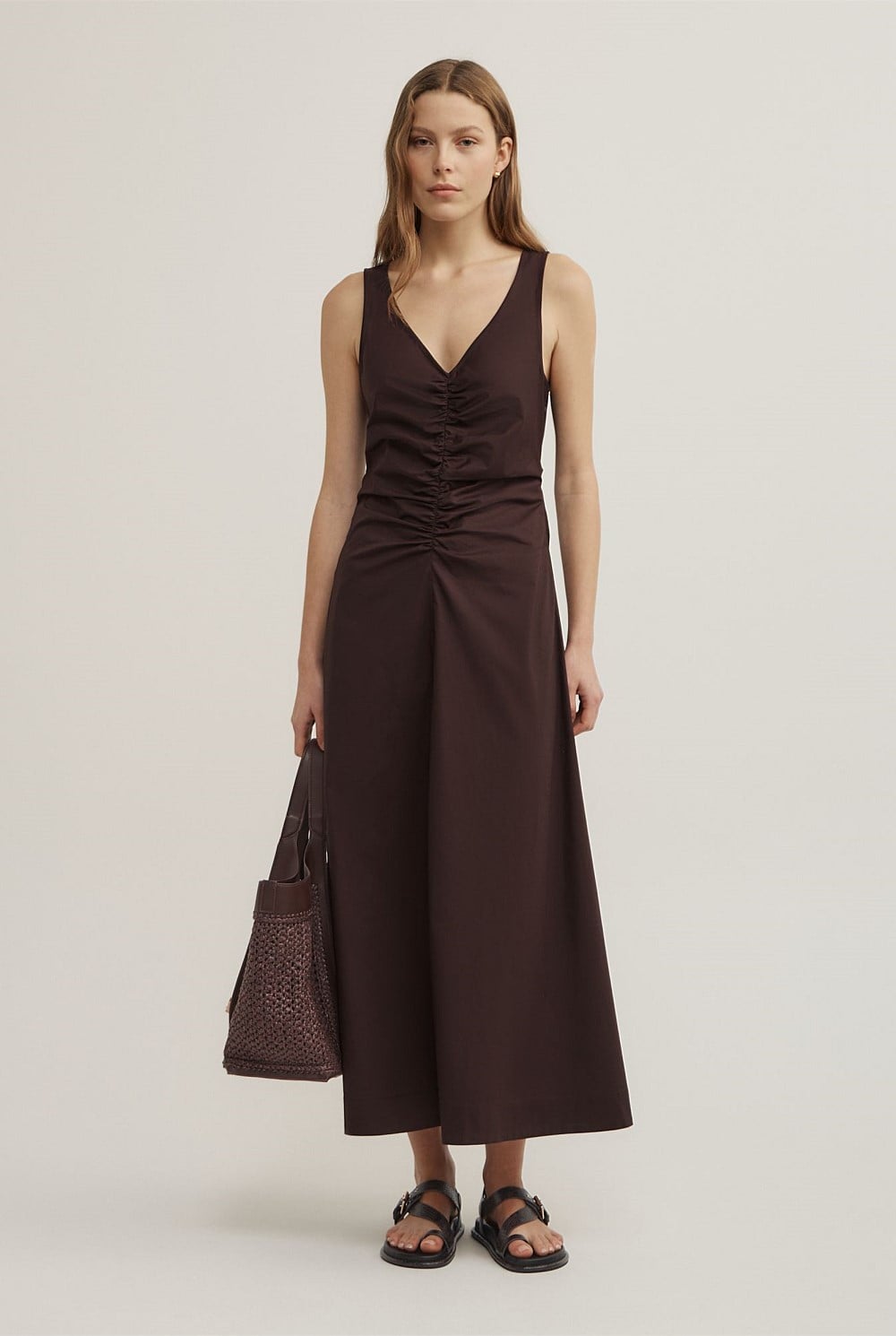 V-Neck Gather Midi Dress
