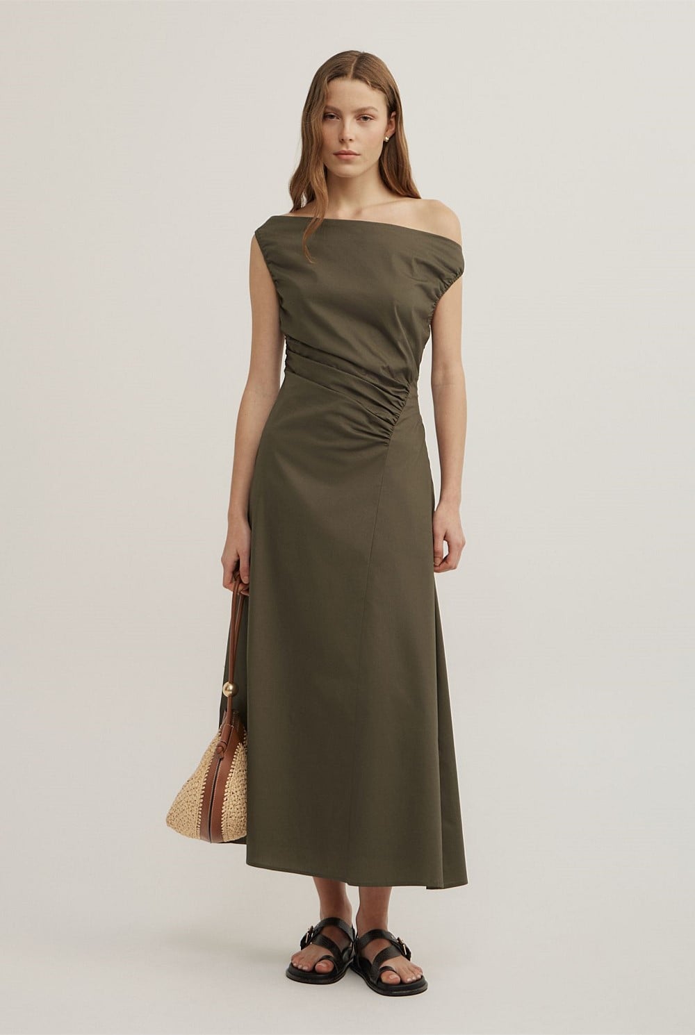 Off Shoulder Gather Midi Dress