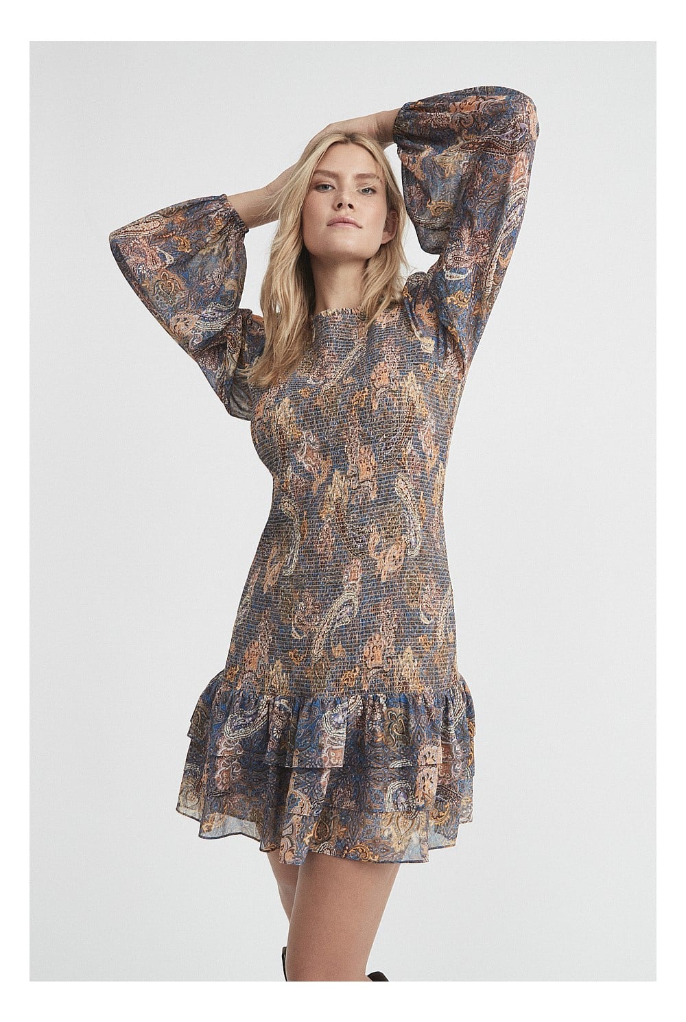 Print Shirred Mini Dress
