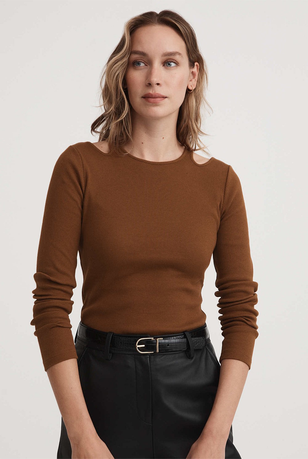Cotton Rib Cut Out Long Sleeve Top