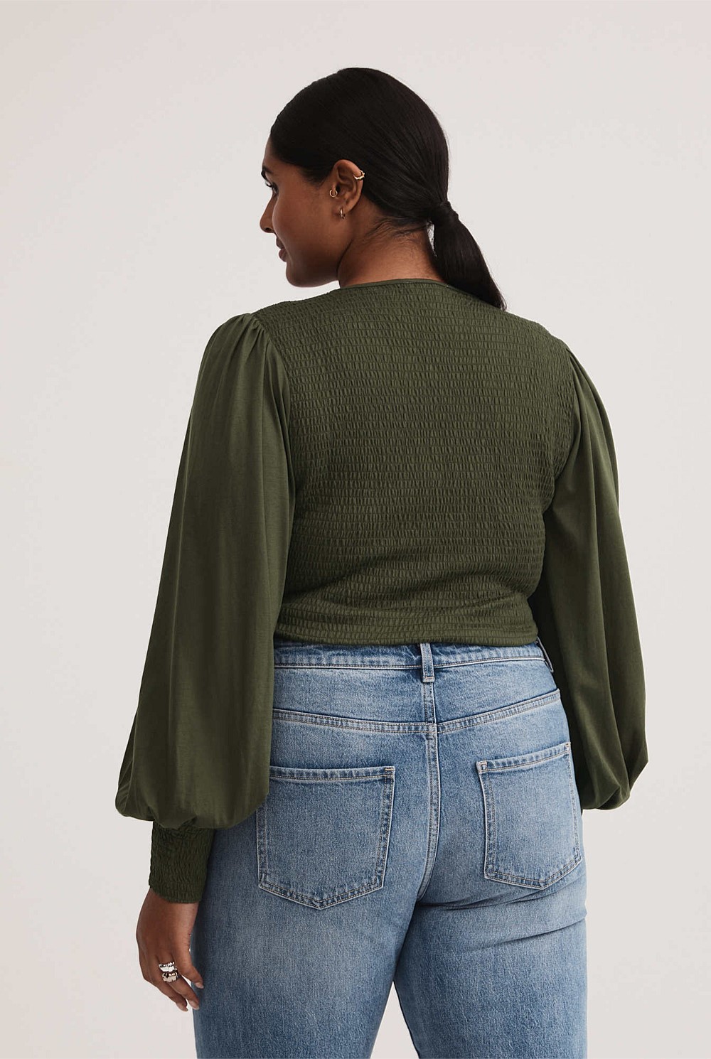 Cotton Blend Shirred V Neck Top