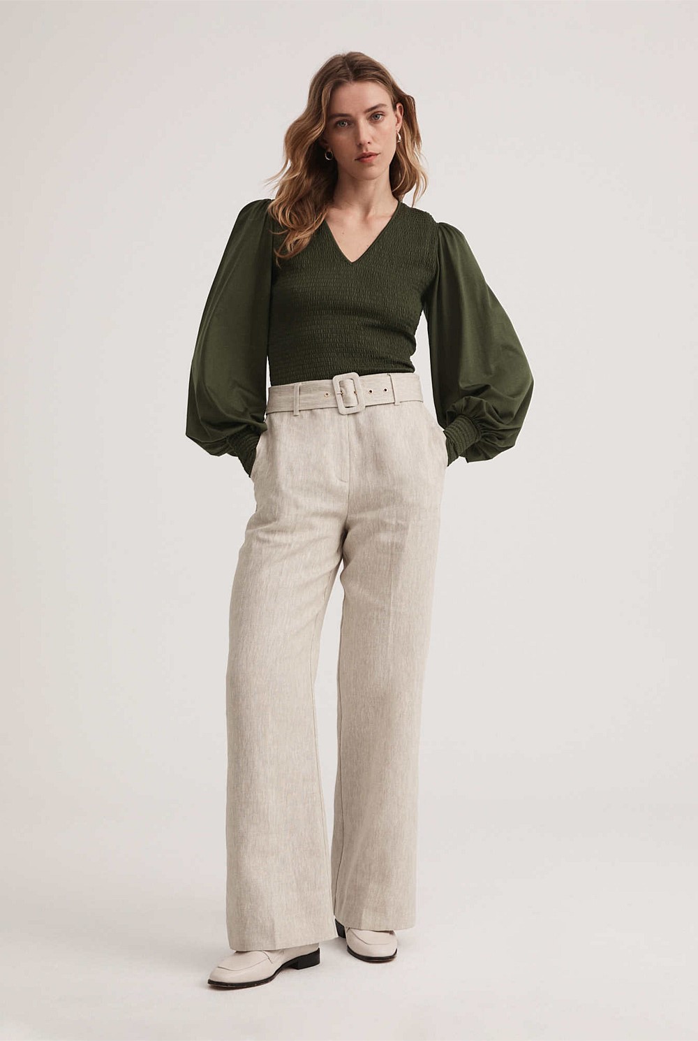 Cotton Blend Shirred V Neck Top