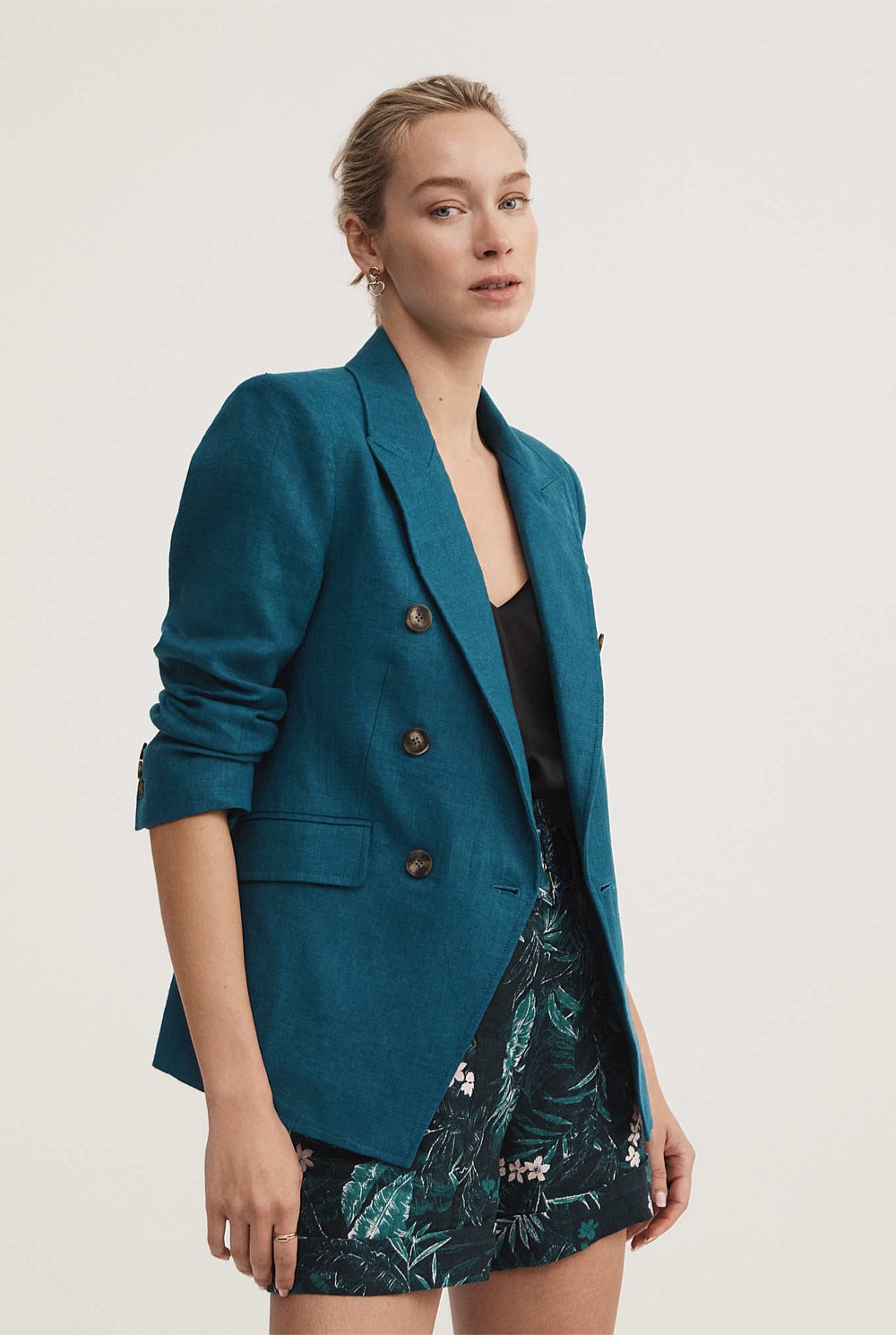 Linen Double-Breasted Crop Sleeve Blazer